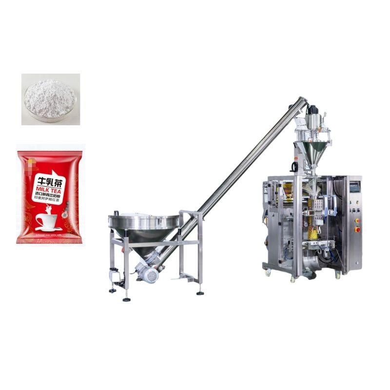 Powder packing machine with auger feeder for high-precision screw feeding of protein powder, flour, seasoning, and coffee powder into stand-up pouches and pillow bags