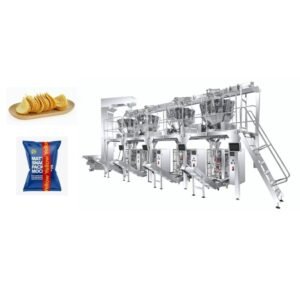 Automatic chips filling machine with multi-head weigher and gentle handling system for potato chips, tortilla chips, and corn chips in stand-up pouches