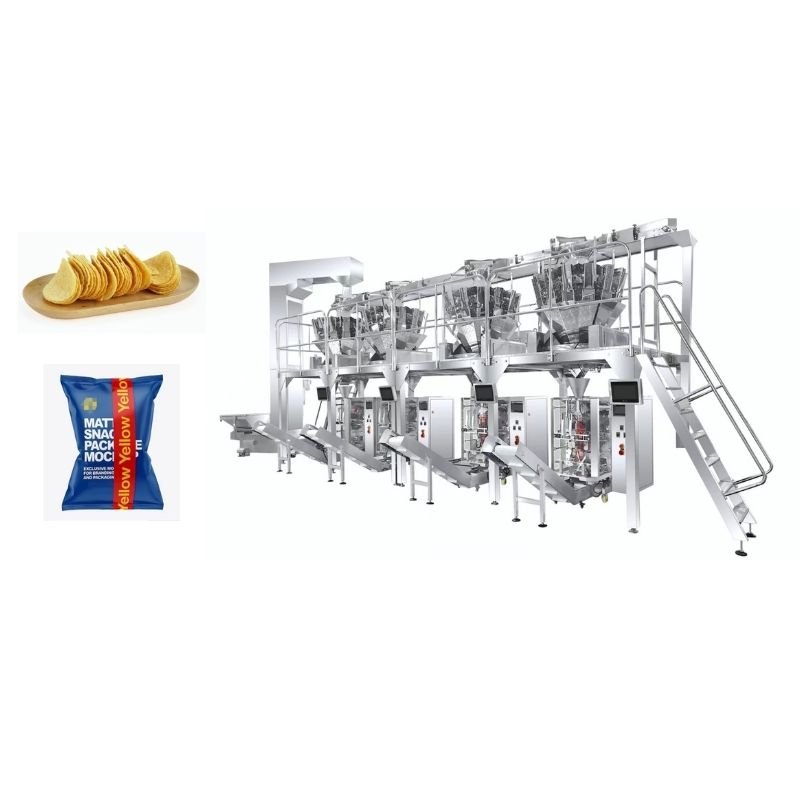 Automatic chips filling machine with multi-head weigher and gentle handling system for potato chips, tortilla chips, and corn chips in stand-up pouches