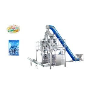 Food packing machine for candy with multi-head weigher or counting system for hard candies, gummies, chocolates, and lollipops in sealed pouches