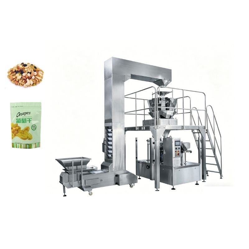 Food packing machine for dried fruit with multi-head weigher and gentle handling system for raisins, dates, apricots, and cranberries