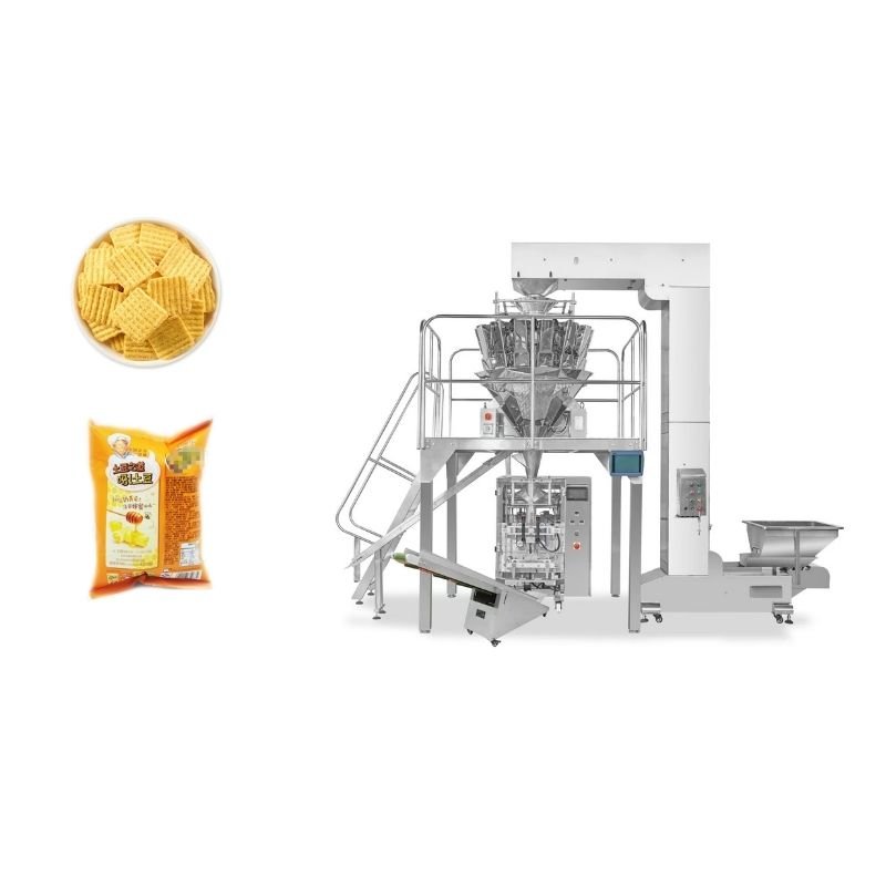 High-precision granule packing machine for snack food with multi-head weigher for packing nuts, candies, puffed snacks, and roasted seeds into stand-up pouches