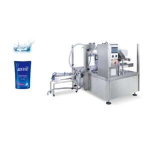 Piston filler pouch packing machine with drip-free filling system for liquid laundry detergent into stand-up pouches and sachets