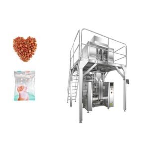 Pet food packing machine with multi-head weigher for kibble, treats, and dried pet food in stand-up pouches and bags
