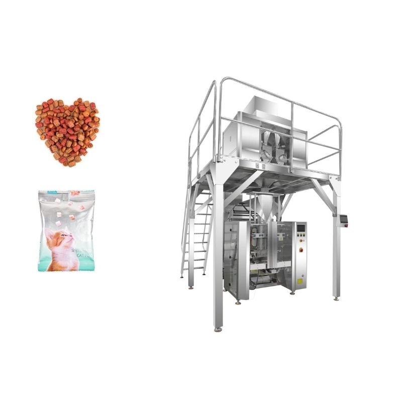 Pet food packing machine with multi-head weigher for kibble, treats, and dried pet food in stand-up pouches and bags