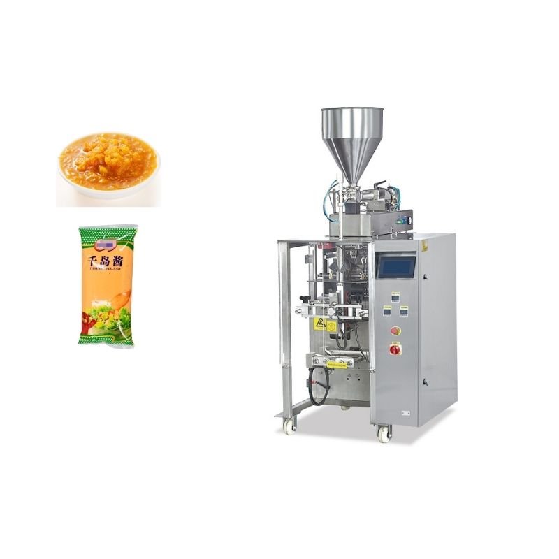 Piston pouch filling machine with positive displacement pump for filling sauces, purees, and creams into stand-up pouches and spouted pouches