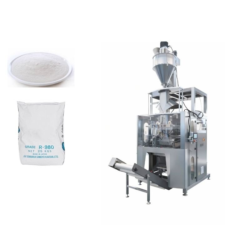 Stainless steel powder packing machine with sanitary food-grade construction for packing protein powder, milk powder, flour, and seasoning into stand-up pouches and pillow bags