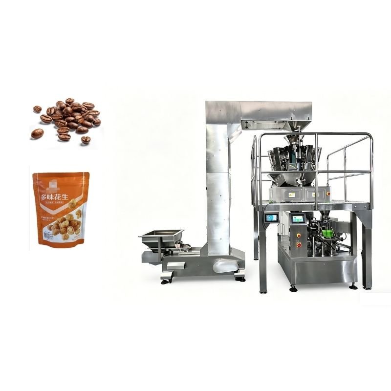 Granule premade bag rotary packaging machine filling and sealing pre-formed pouches with granular materials like coffee beans, rice, and plastic pellets