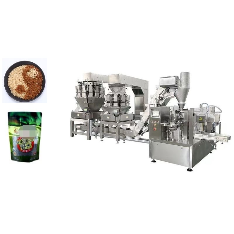 Multi-function premade bag rotary packing machine with changeable filling systems for powder, granule, and liquid products in stand-up pouches