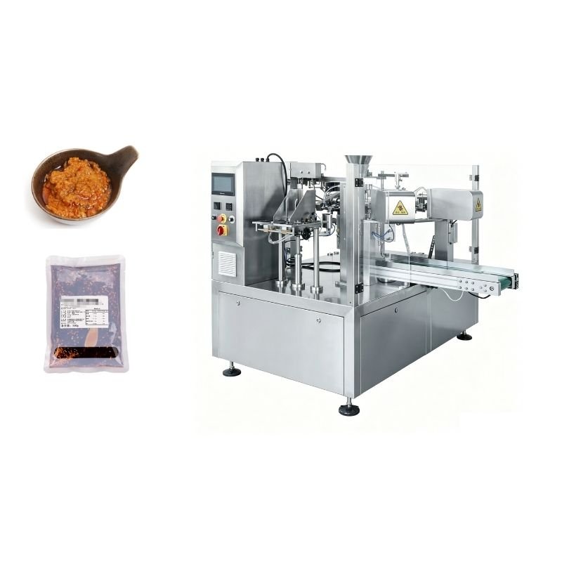 Rotary premade bag filling and sealing machine with multi-station turntable for packaging various products into stand-up pouches