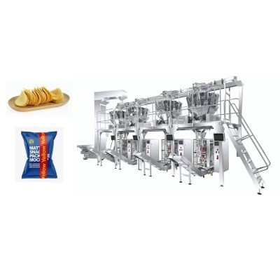 Automatic chips filling machine with multi-head weigher and gentle handling system for potato chips, tortilla chips, and corn chips in stand-up pouches