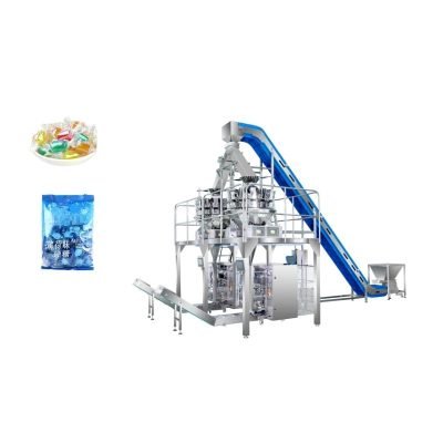 Food packing machine for candy with multi-head weigher or counting system for hard candies, gummies, chocolates, and lollipops in sealed pouches