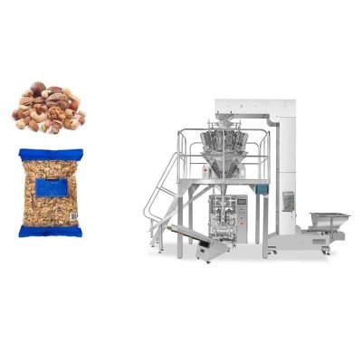 Food packing machine for nuts with multi-head weigher for almonds, cashews, peanuts, and walnuts in stand-up pouches