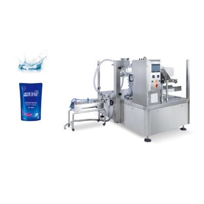 Piston filler pouch packing machine with drip-free filling system for liquid laundry detergent into stand-up pouches and sachets